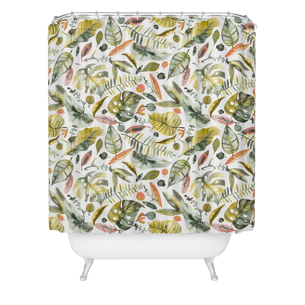 Ninola Design Botanic Retreat Tropical Jungle Leaves Botanical Green Orange Shower Curtain