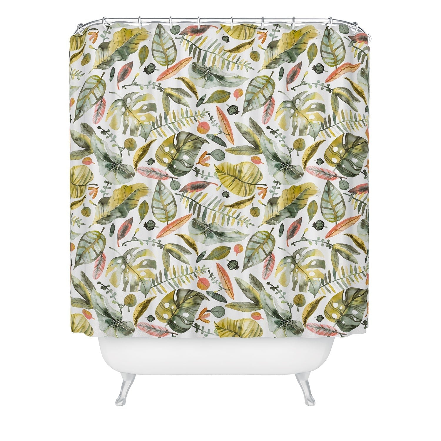 Ninola Design Botanic Retreat Tropical Jungle Leaves Botanical Green Orange Shower Curtain