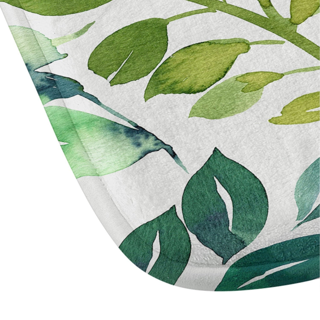 Ninola Design Botanic Retreat Loose Botanical Leaves Watercolor Green Memory Foam Bath Mat
