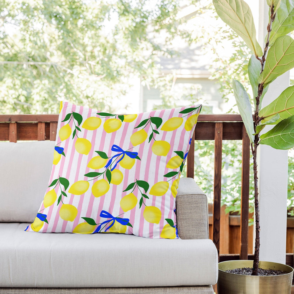 Design by Spark Zesty Lemons and Stripes Outdoor Throw Pillow