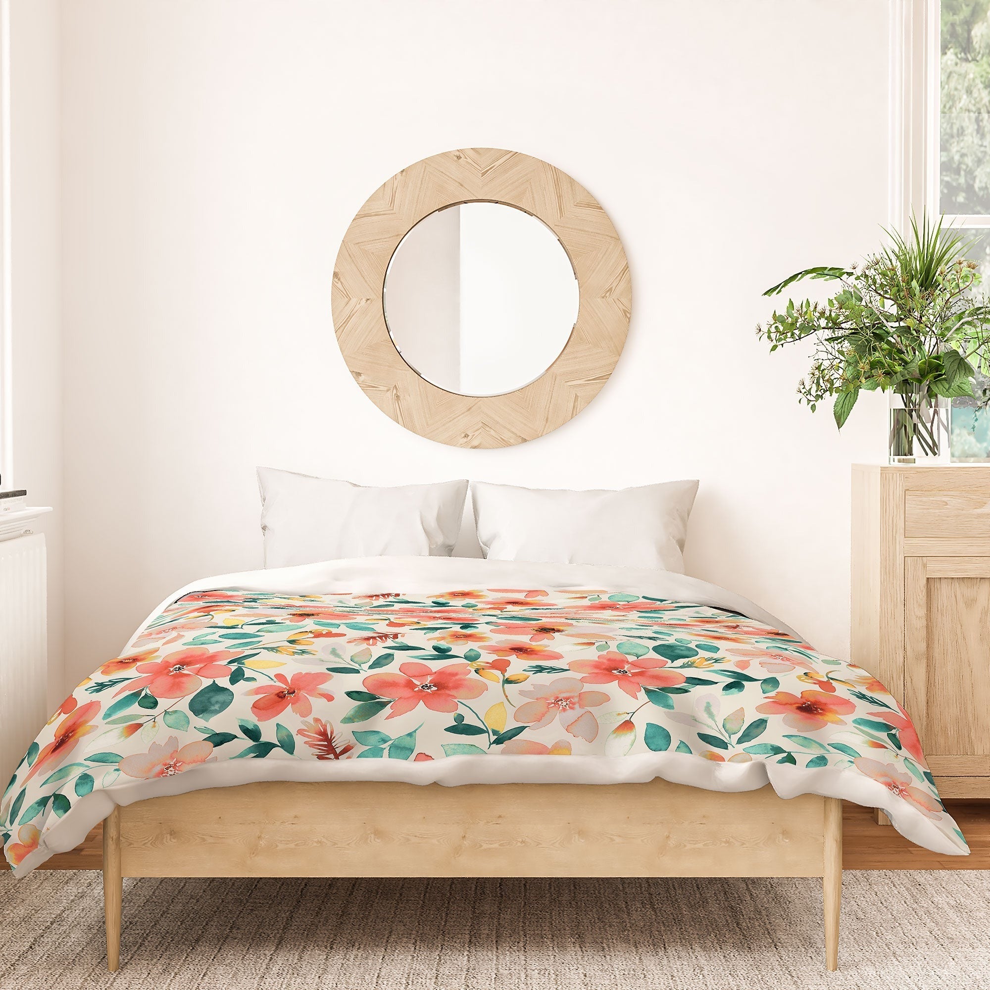 Ninola Design Botanic Retreat Tropical Whimsical Flowers Coral Green Duvet Cover