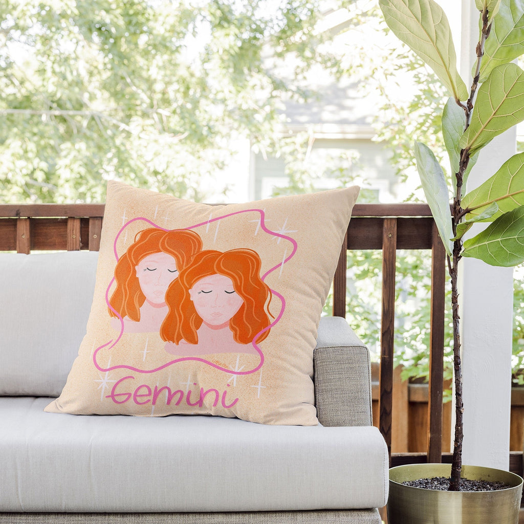 Little Om Zodiac Signs Gemini Outdoor Throw Pillow