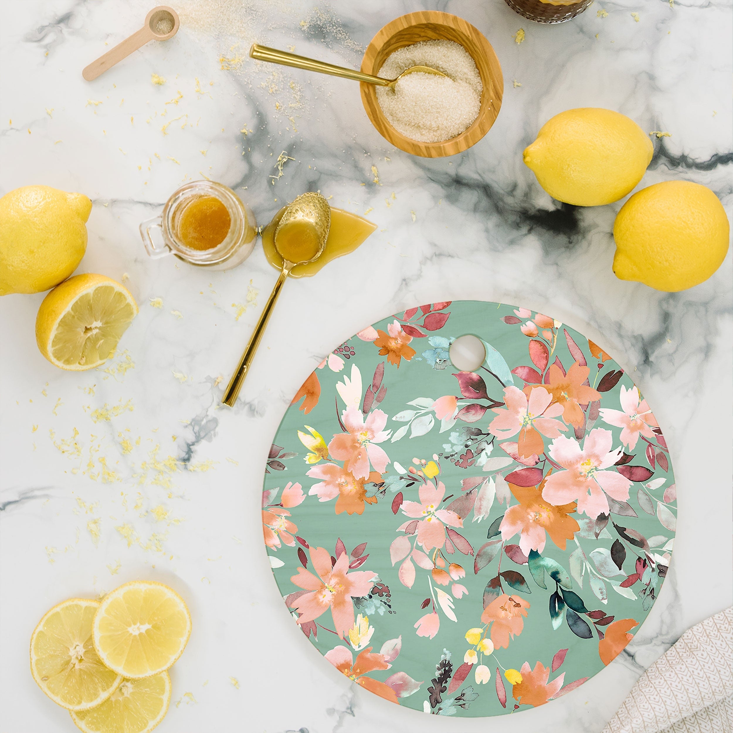Ninola Design Botanic Retreat Floral Oleander Whimsical Teal Green Cutting Board Round