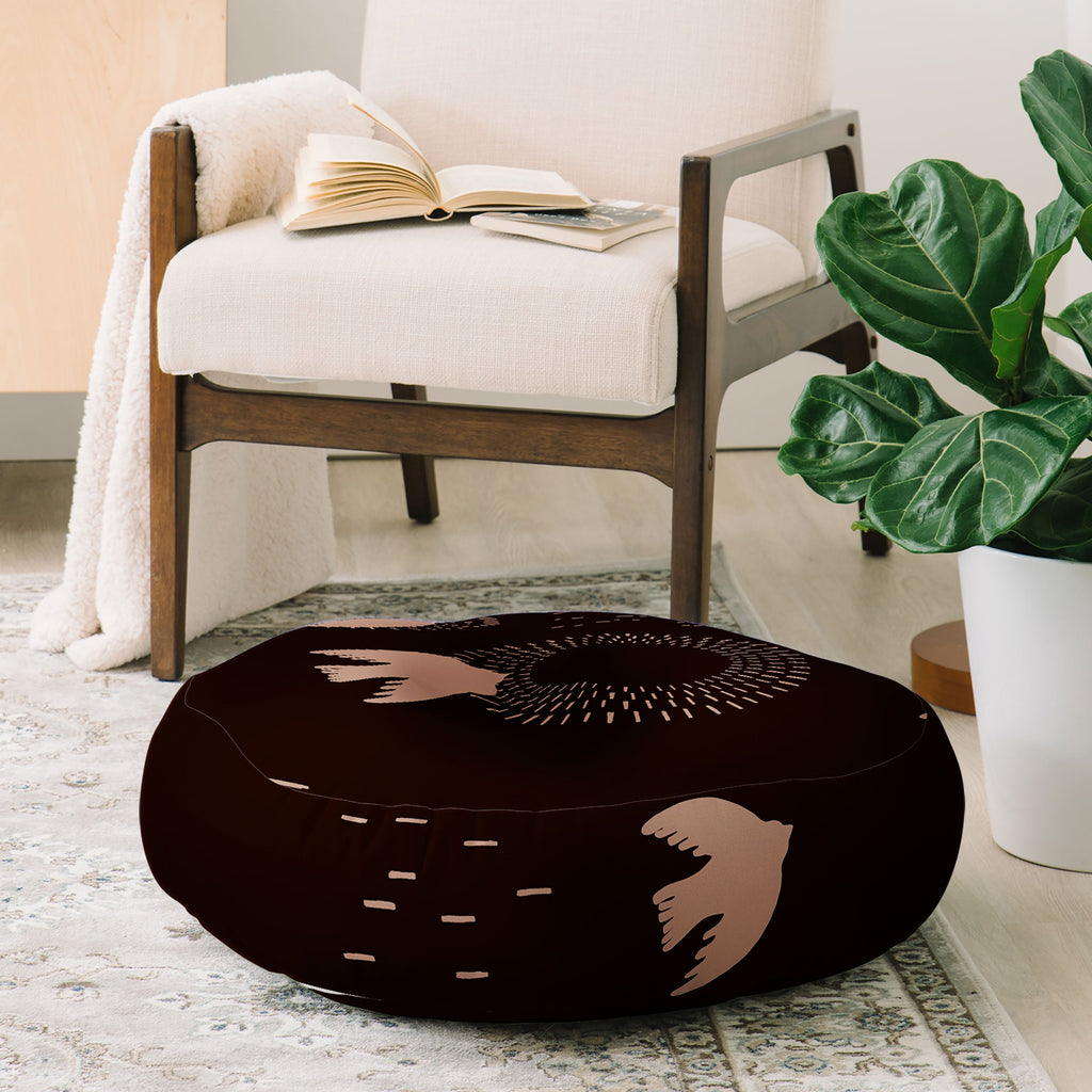 Viviana Gonzalez Espresso caramel Boho birds Floor Pillow Round