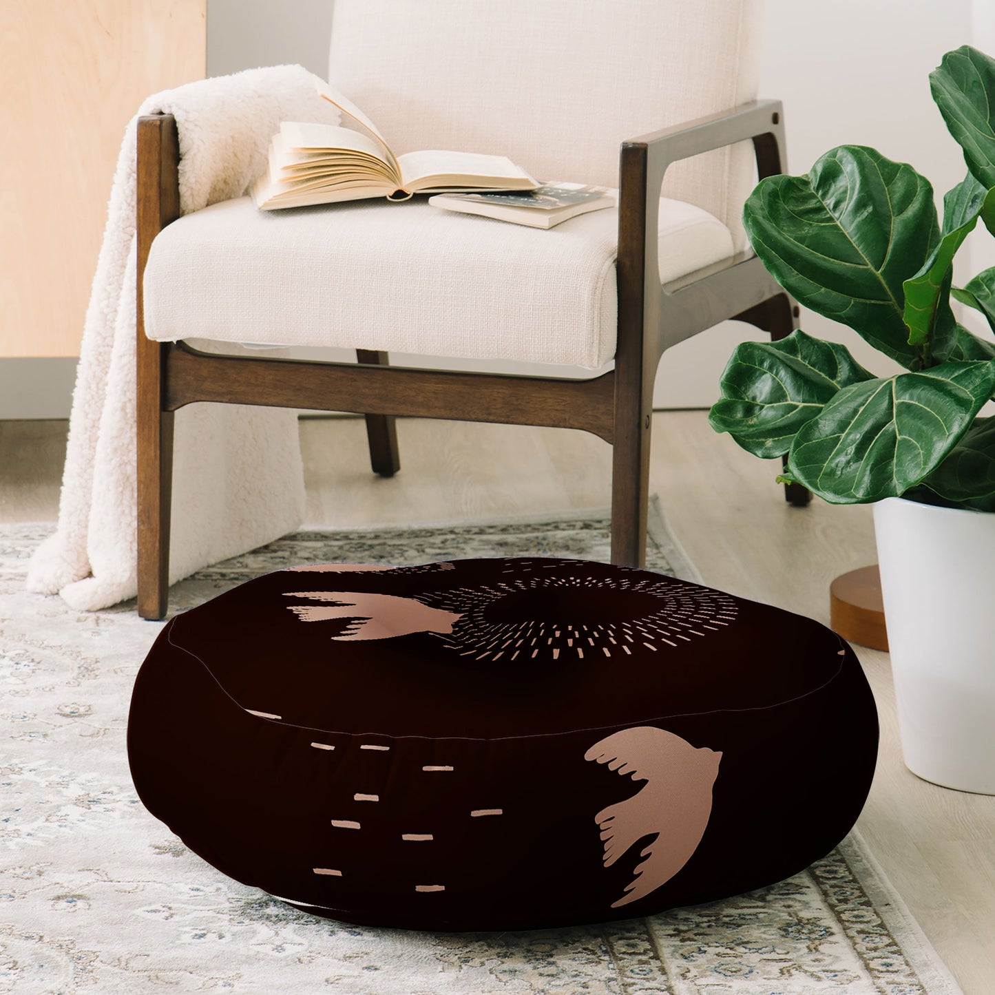 Viviana Gonzalez Espresso caramel Boho birds Floor Pillow Round