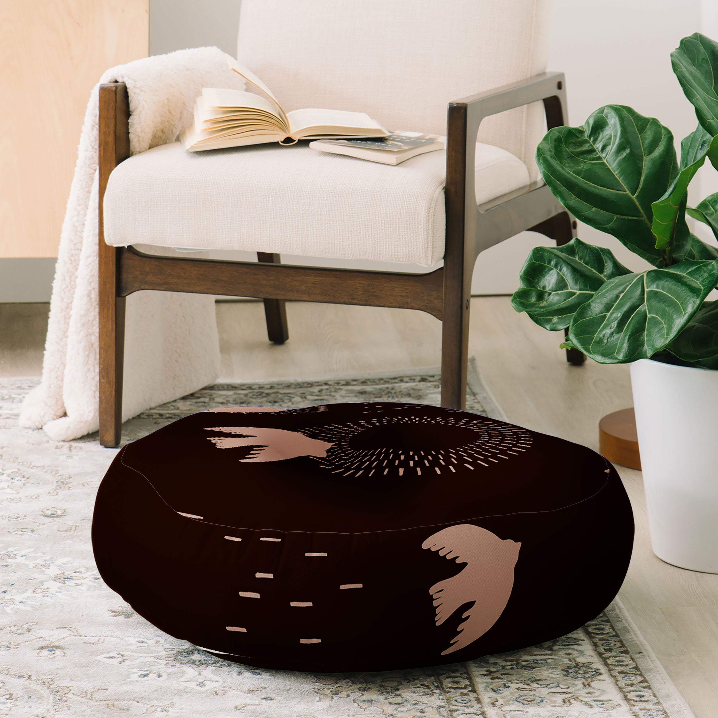 Viviana Gonzalez Espresso caramel Boho birds Floor Pillow Round