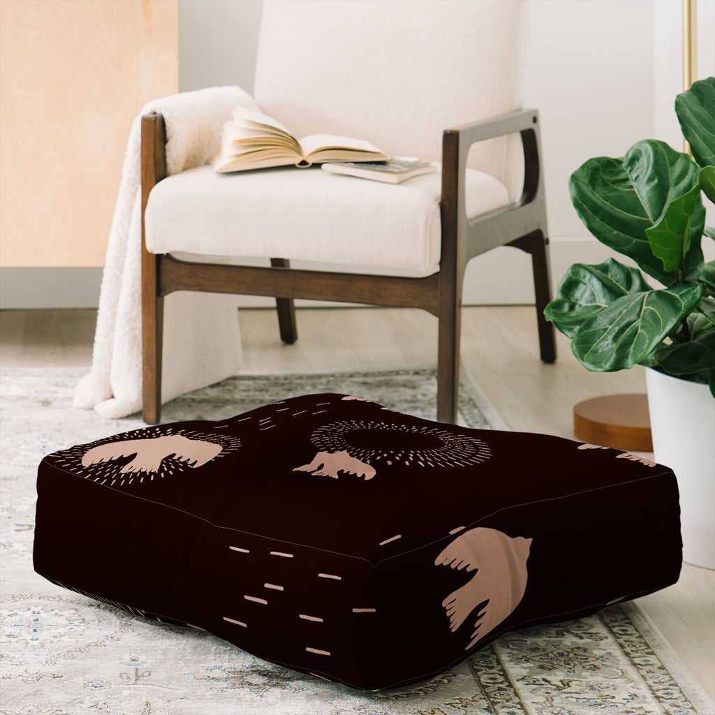 Viviana Gonzalez Espresso caramel Boho birds Floor Pillow Square