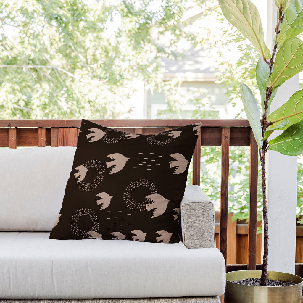 Viviana Gonzalez Espresso caramel Boho birds Outdoor Throw Pillow