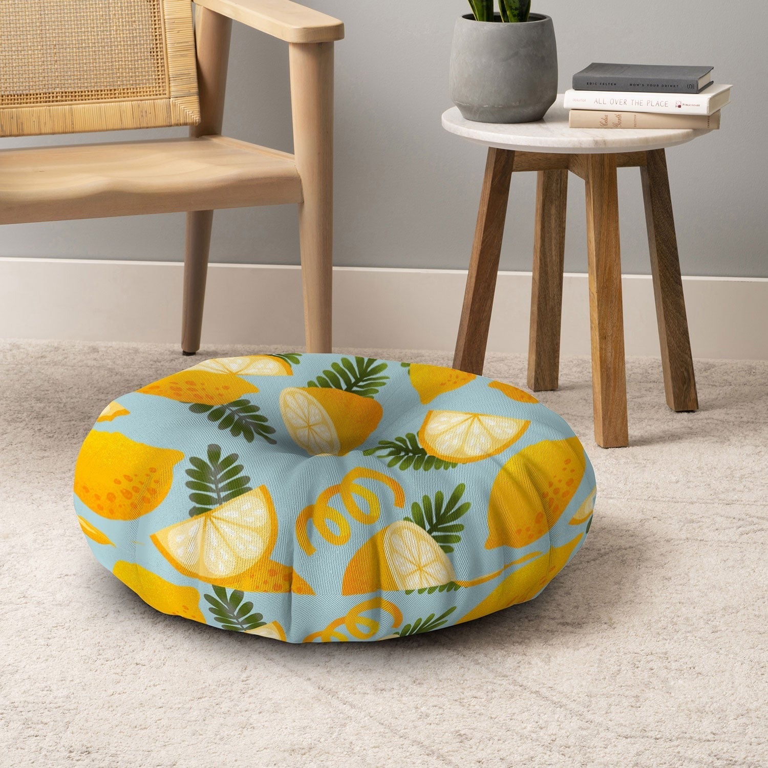 Jessica Molina Lemon Pattern on Sky Blue Floor Pillow Round
