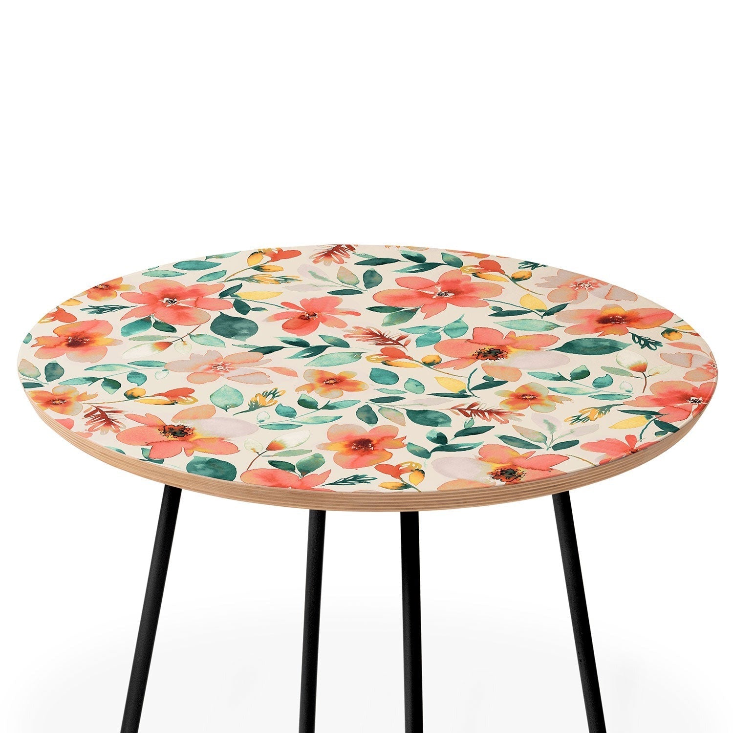Ninola Design Botanic Retreat Tropical Whimsical Flowers Coral Green Round Side Table