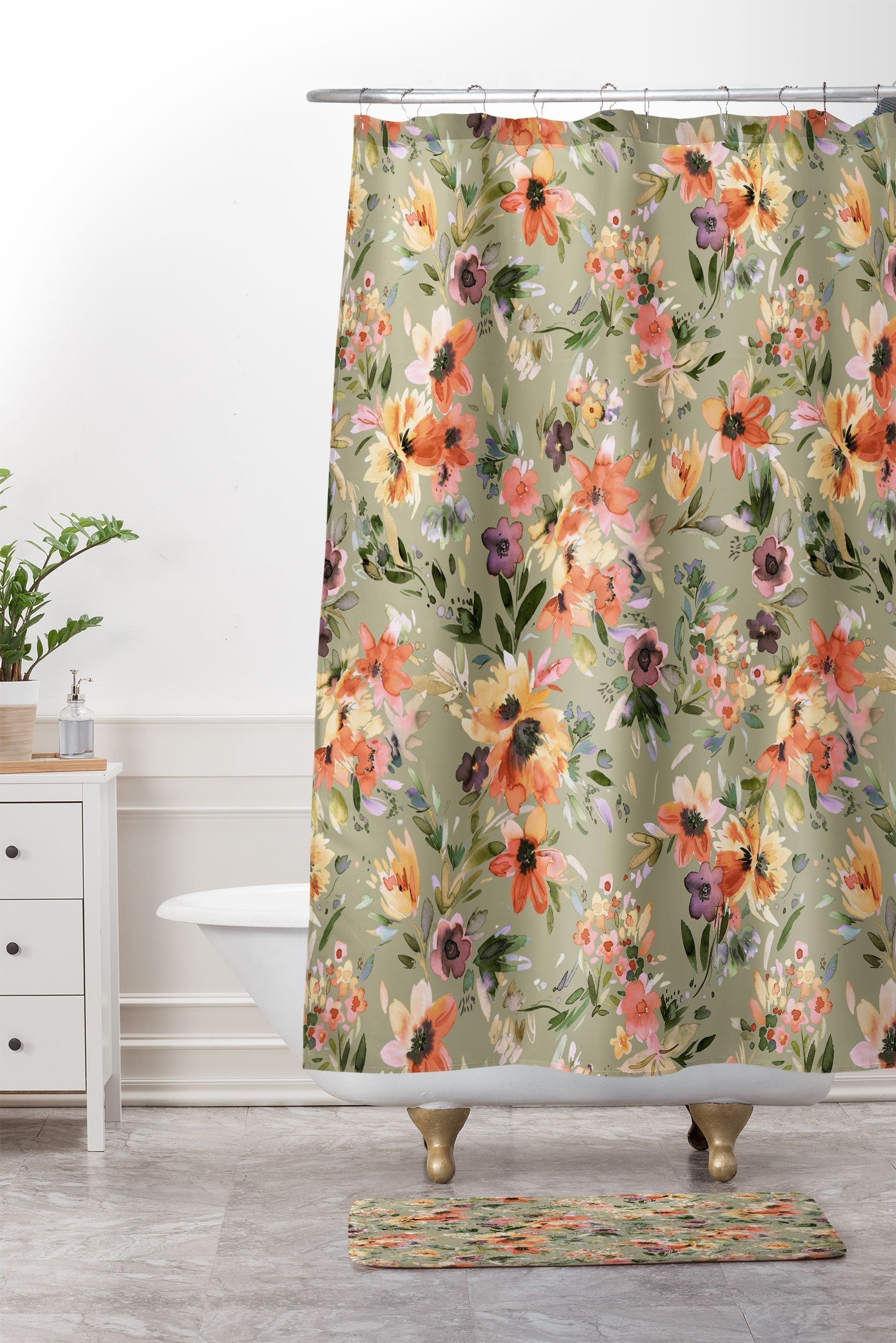 Ninola Design Botanic Retreat Floral Oleander Whimsical Teal Green Memory Foam Bath Mat