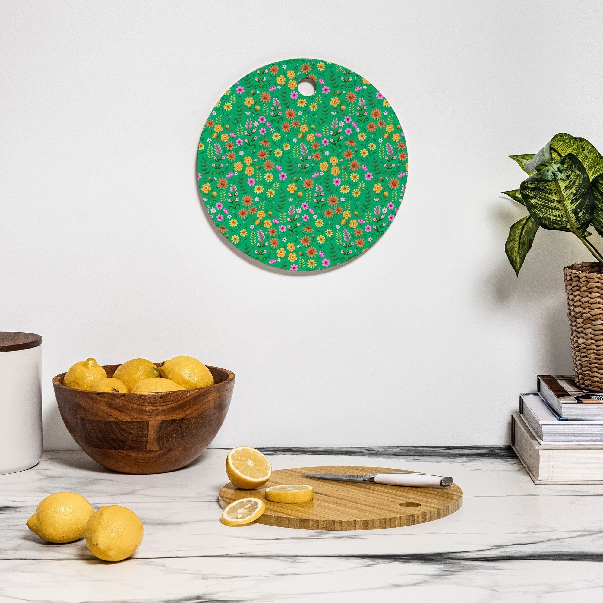 Pimlada Phuapradit Ditsy Spring Floral Green Cutting Board Round