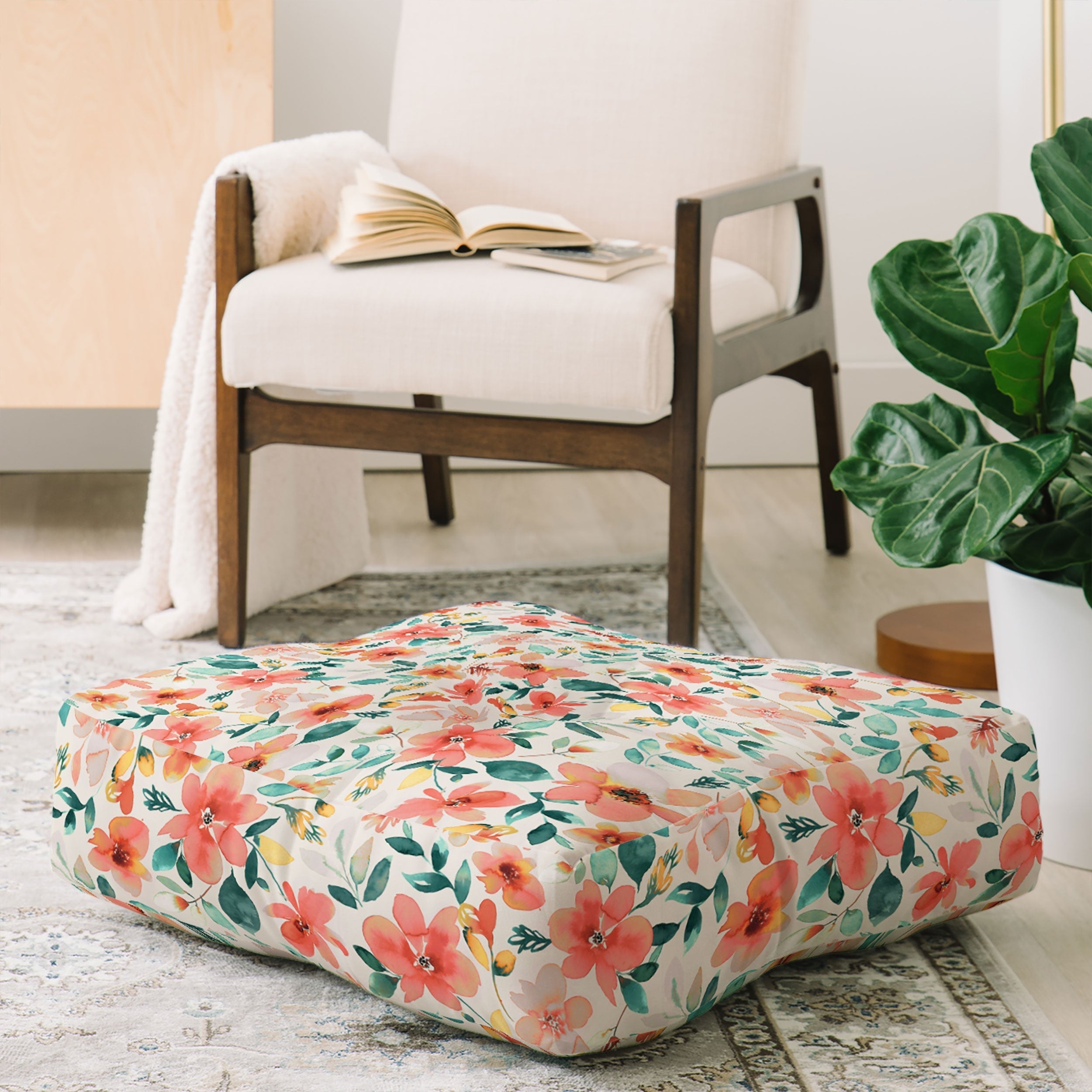 Ninola Design Botanic Retreat Tropical Whimsical Flowers Coral Green Floor Pillow Square