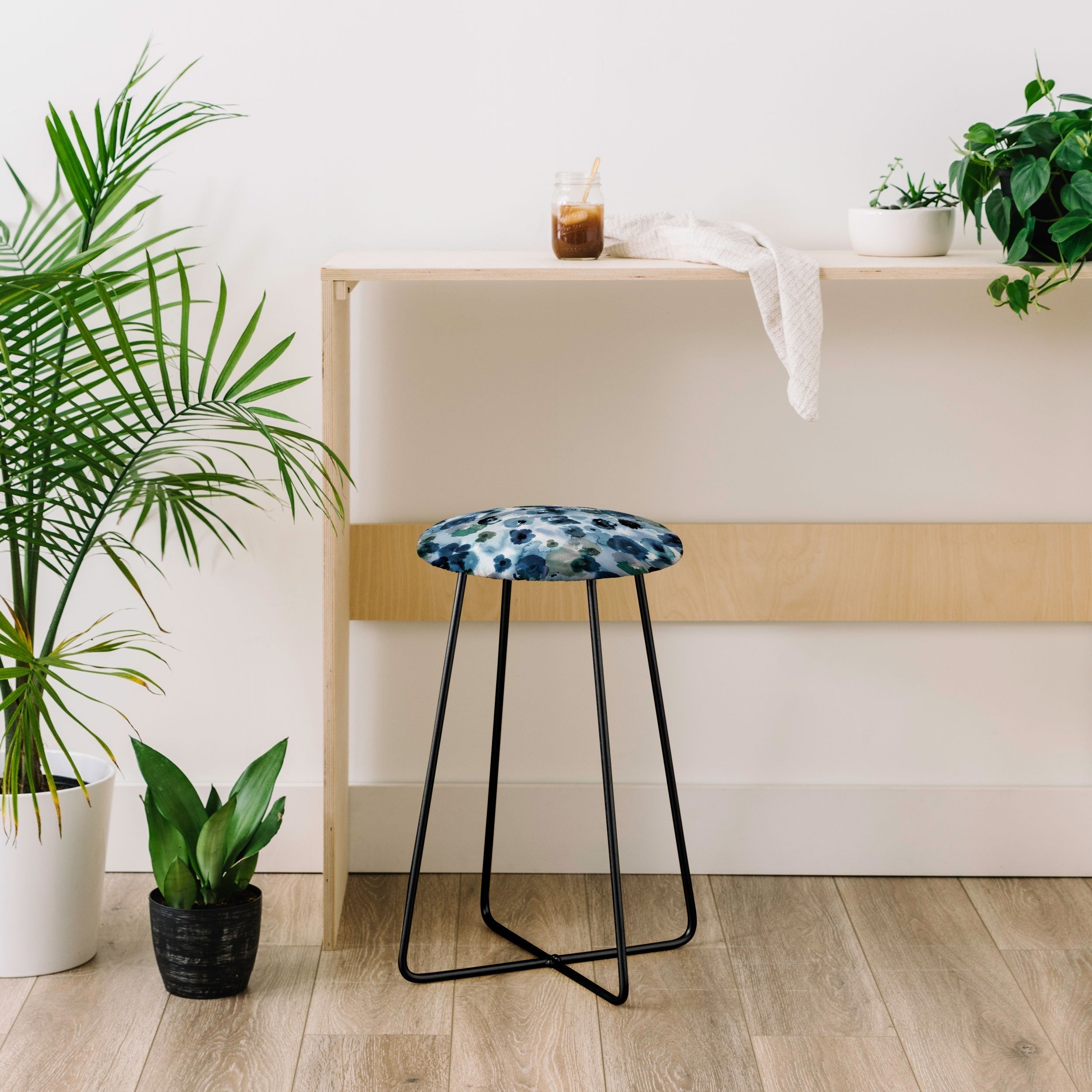 Ninola Design Botanic Retreat Ombre Abstract Watercolor Flowers Blue Navy Counter Stool