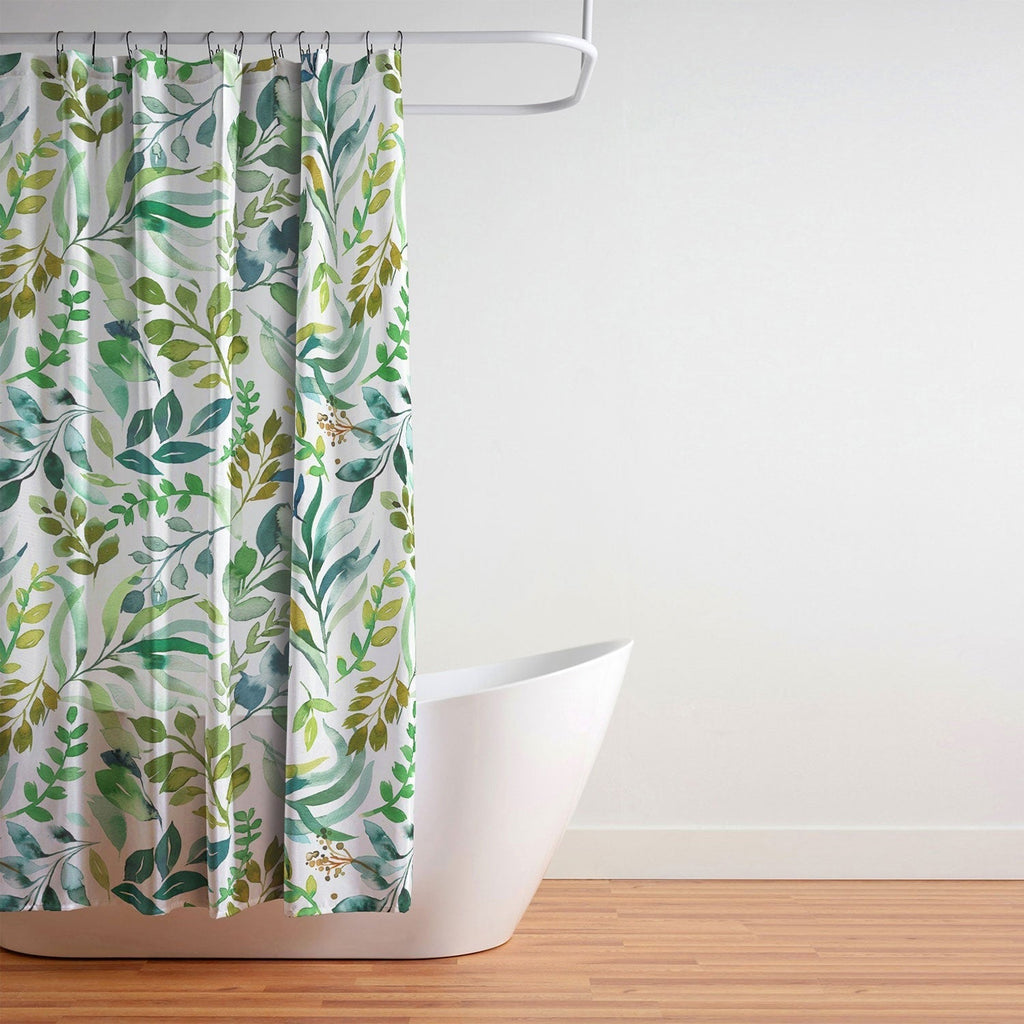 Ninola Design Botanic Retreat Loose Botanical Leaves Watercolor Green Shower Curtain