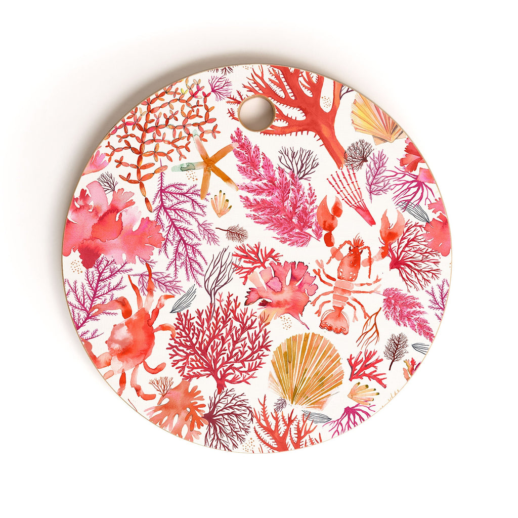 Ninola Design Botanic Retreat Coral Reef Crab Lobster Red Cutting Board Round