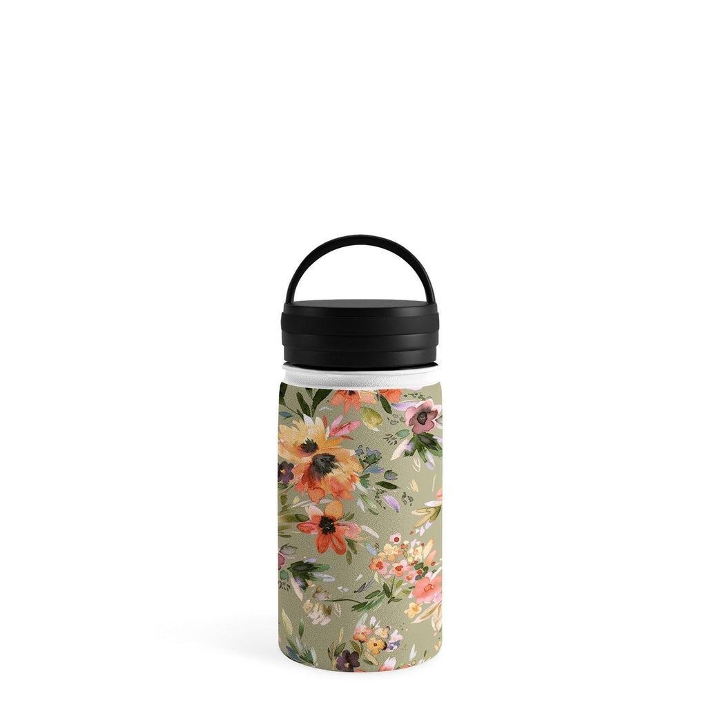 Ninola Design Botanic Retreat Painterly Tropical Flowers Sage Green Water Bottle