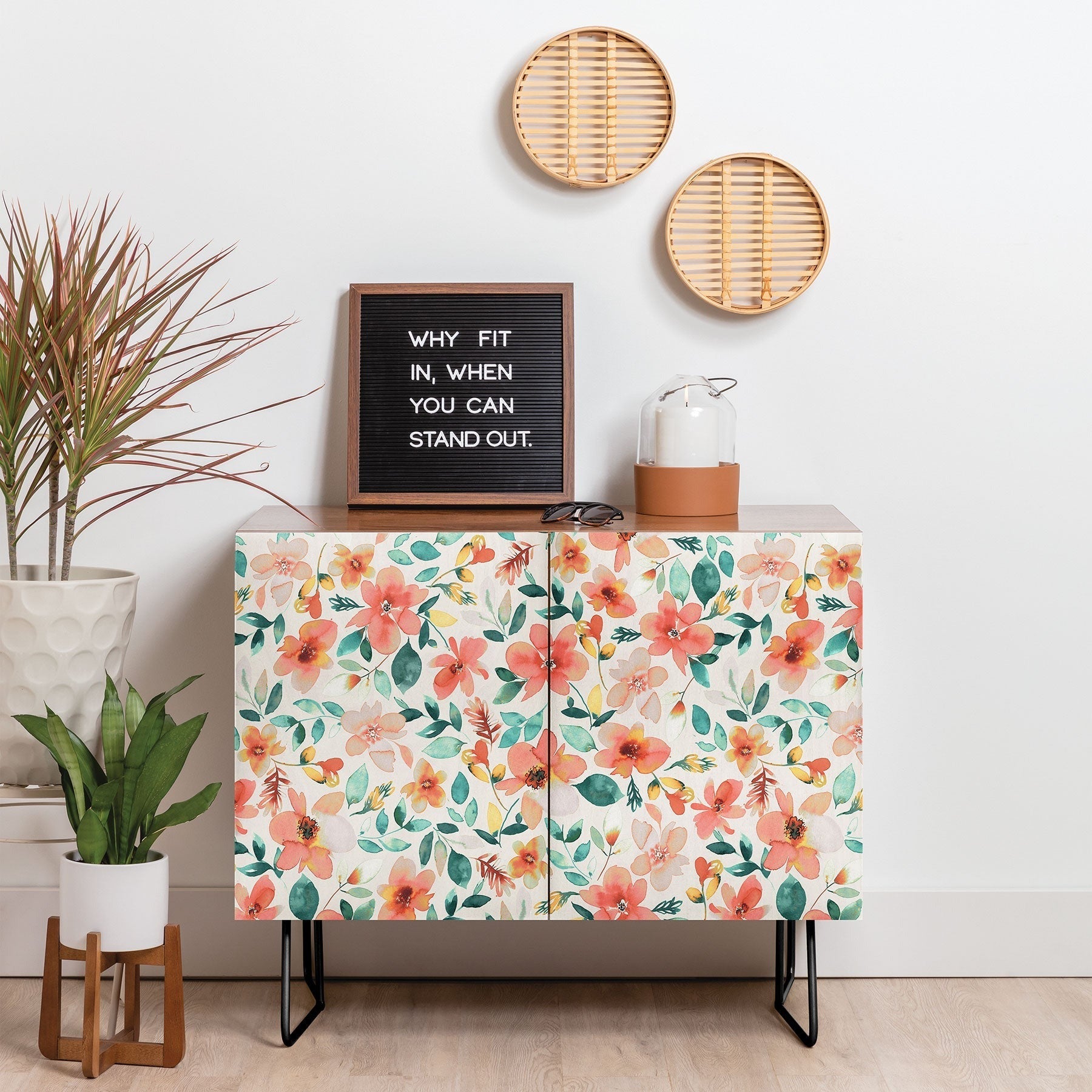 Ninola Design Botanic Retreat Tropical Whimsical Flowers Coral Green Credenza