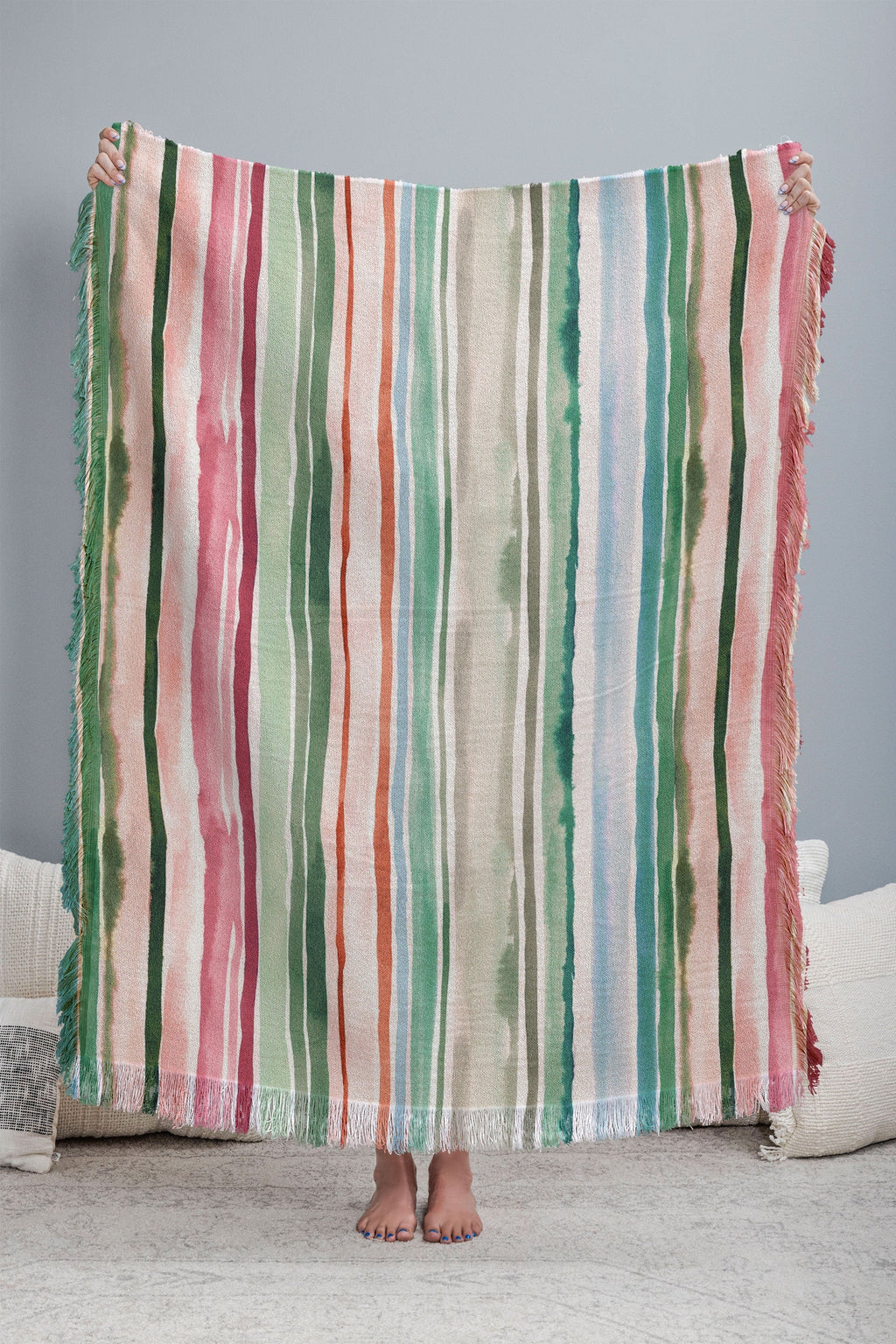 Ninola Design Botanic Retreat Watercolor Stripes Green Orange Red Throw Blanket
