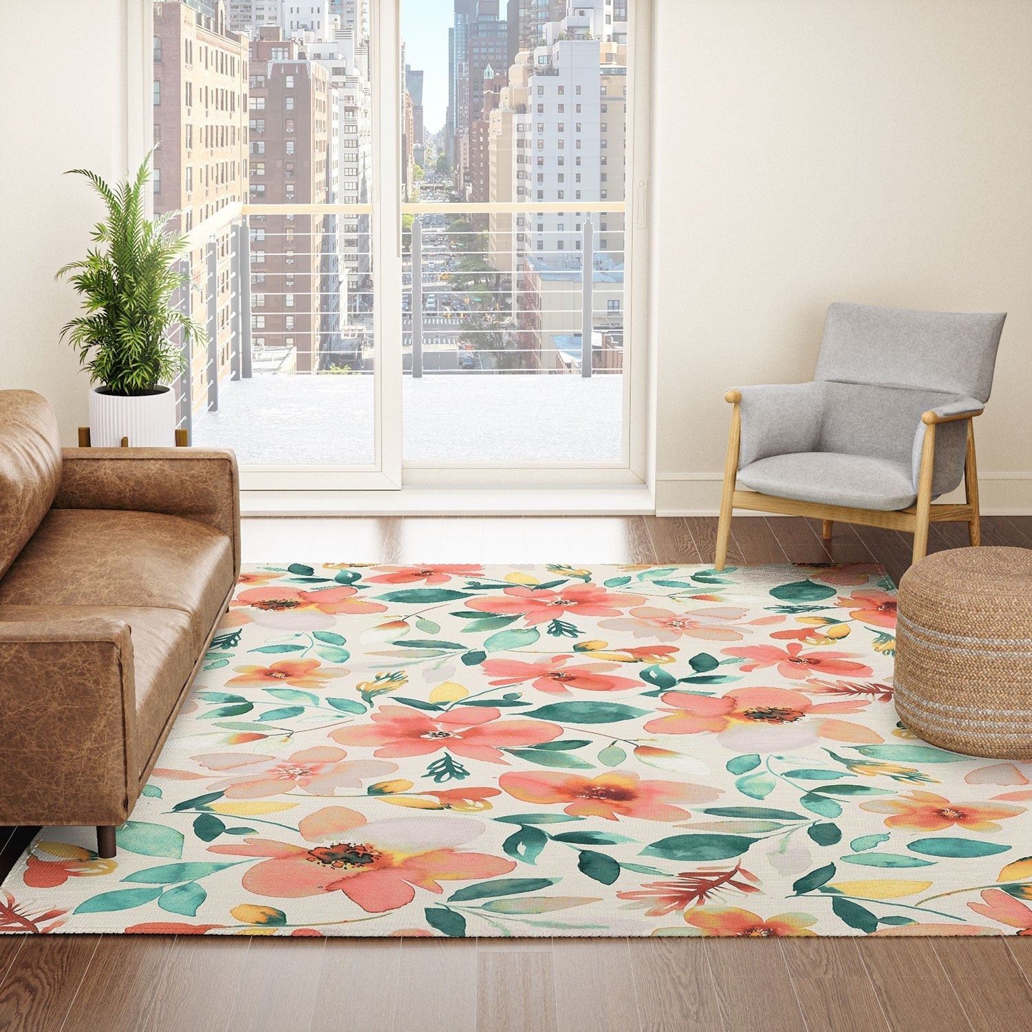 Ninola Design Botanic Retreat Tropical Whimsical Flowers Coral Green Area Rug