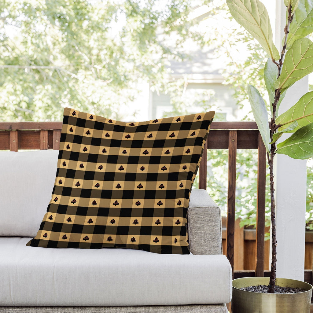 Design by Spark Black Gold Tree Tree Gingham Outdoor Throw Pillow