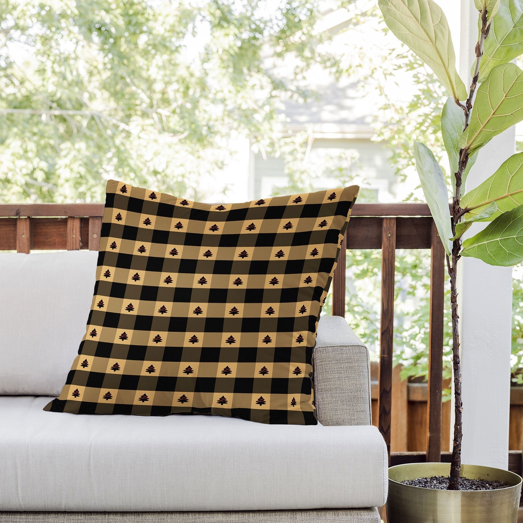 Design by Spark Black Gold Tree Tree Gingham Outdoor Throw Pillow