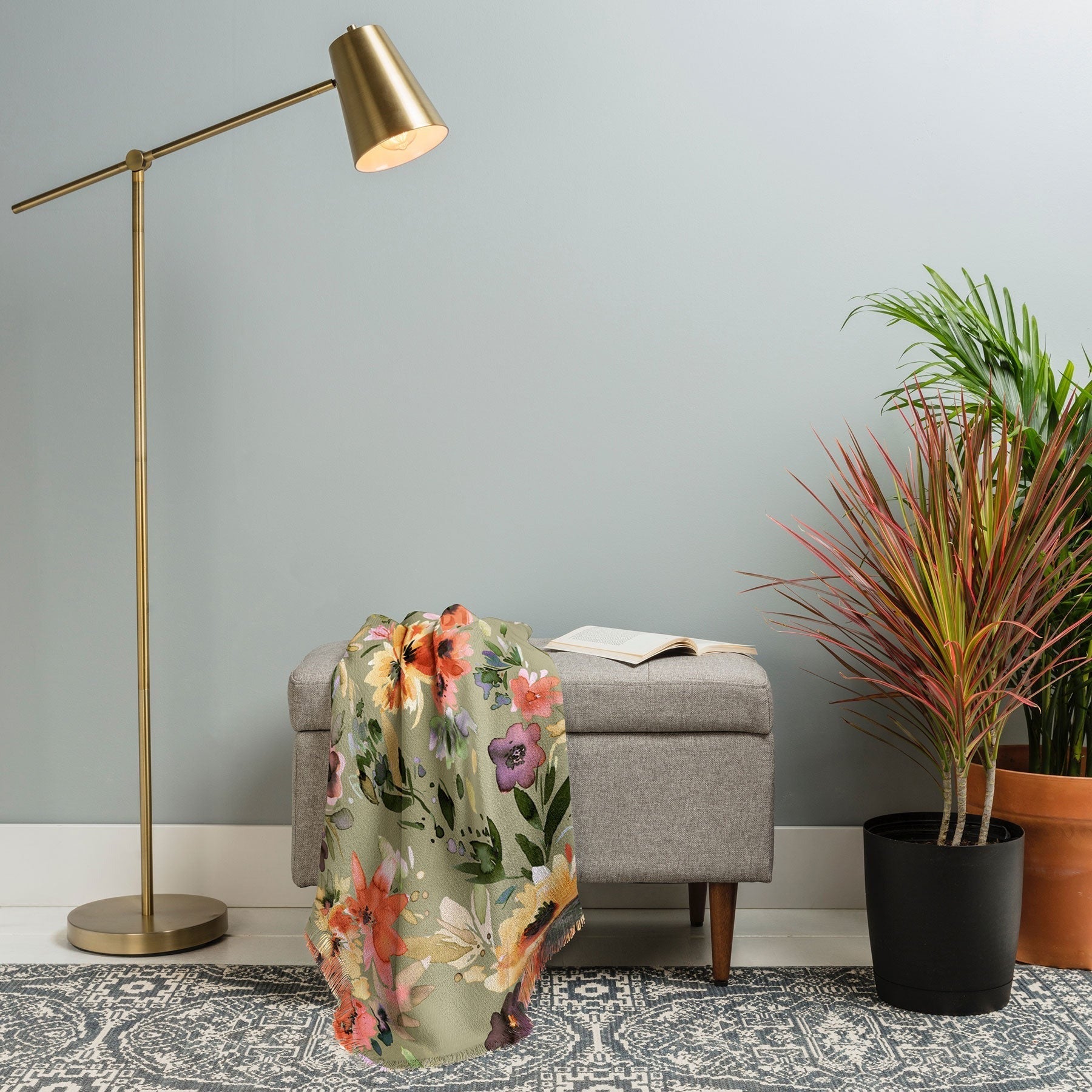 Ninola Design Botanic Retreat Painterly Tropical Flowers Sage Green Throw Blanket