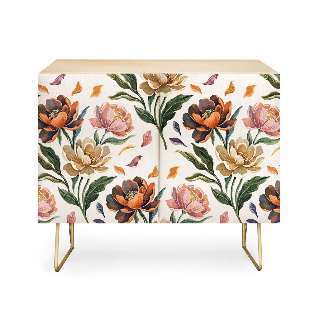 Marta Barragan Camarasa Hand Painted Peony Florals Credenza