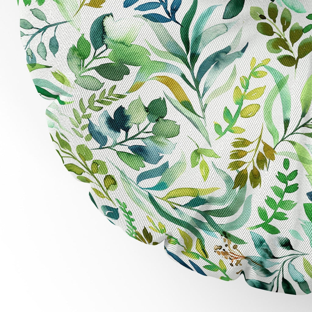 Ninola Design Botanic Retreat Loose Botanical Leaves Watercolor Green Floor Pillow Round