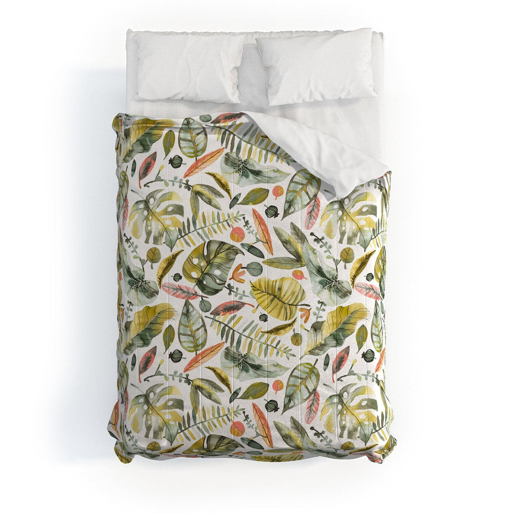 Ninola Design Botanic Retreat Tropical Jungle Leaves Botanical Green Orange Comforter