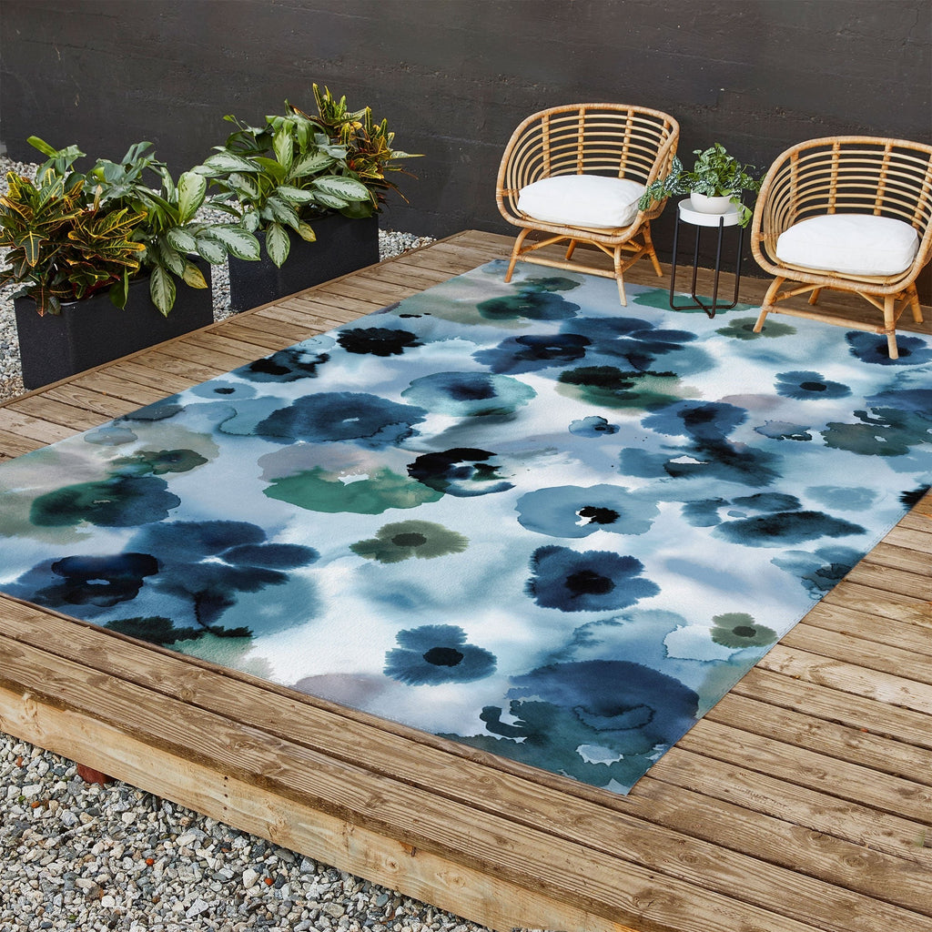 Ninola Design Botanic Retreat Ombre Abstract Watercolor Flowers Blue Navy Outdoor Rug