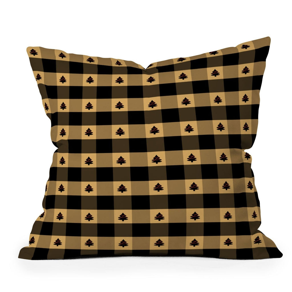 Design by Spark Black Gold Tree Tree Gingham Outdoor Throw Pillow