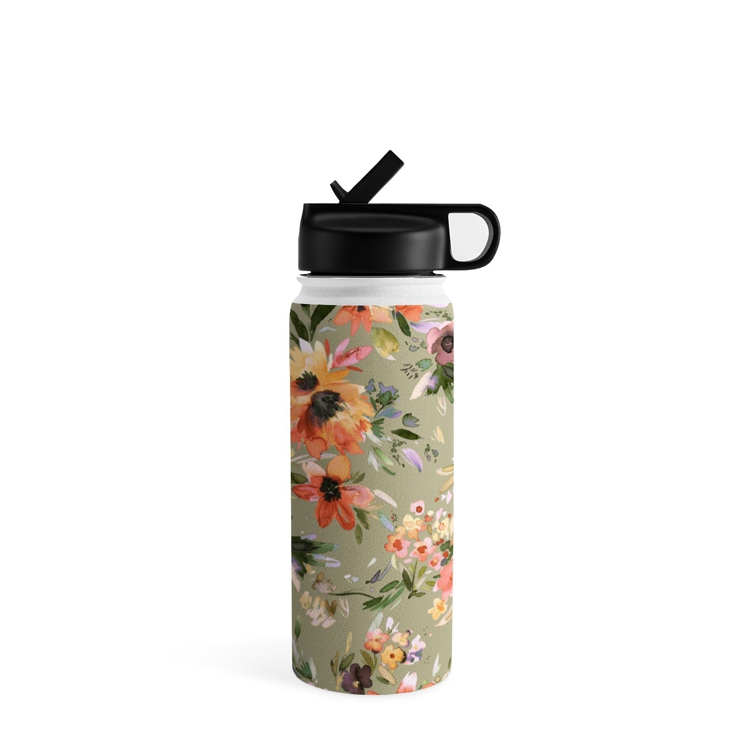 Ninola Design Botanic Retreat Painterly Tropical Flowers Sage Green Water Bottle