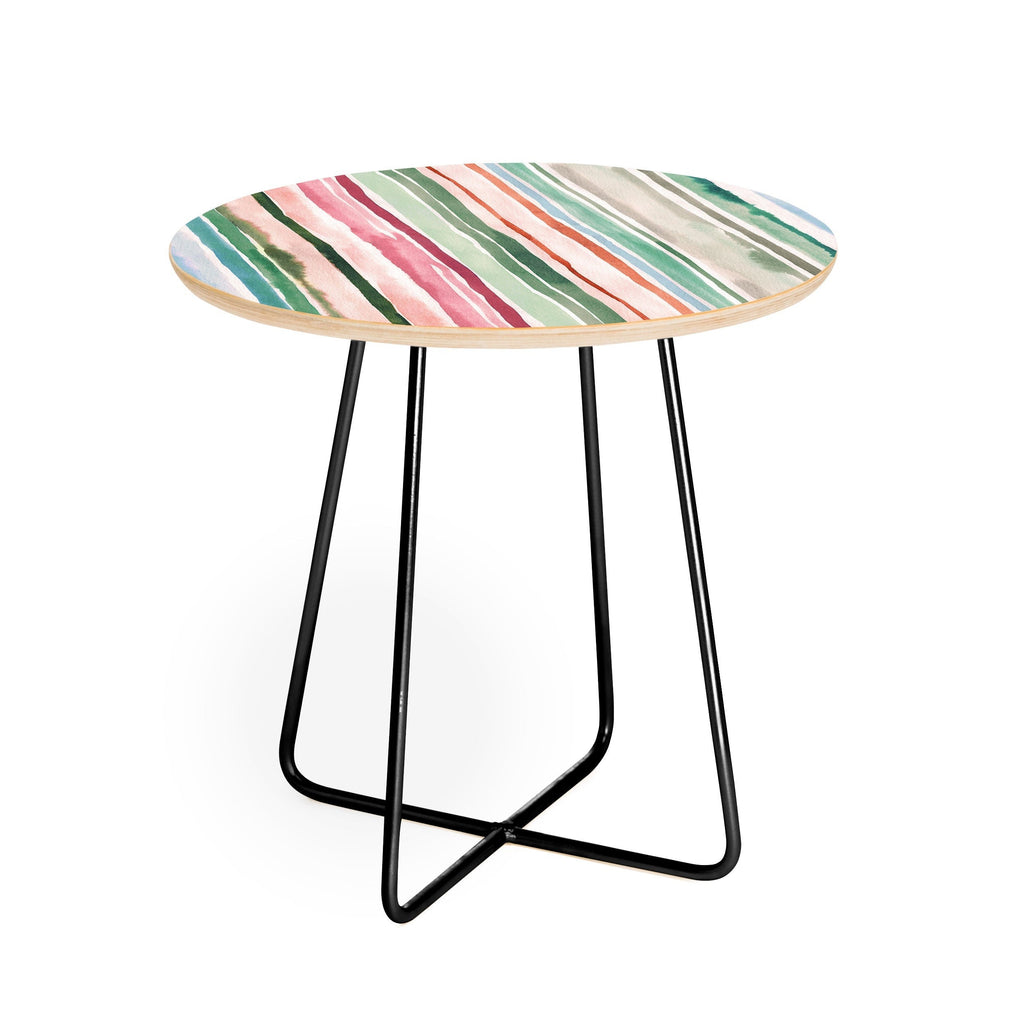 Ninola Design Botanic Retreat Watercolor Stripes Green Orange Red Round Side Table