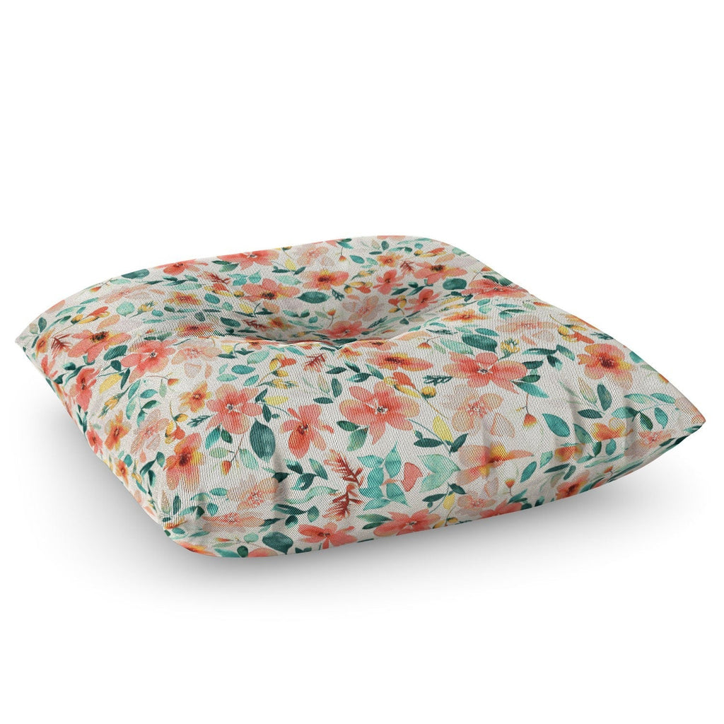 Ninola Design Botanic Retreat Tropical Whimsical Flowers Coral Green Floor Pillow Square