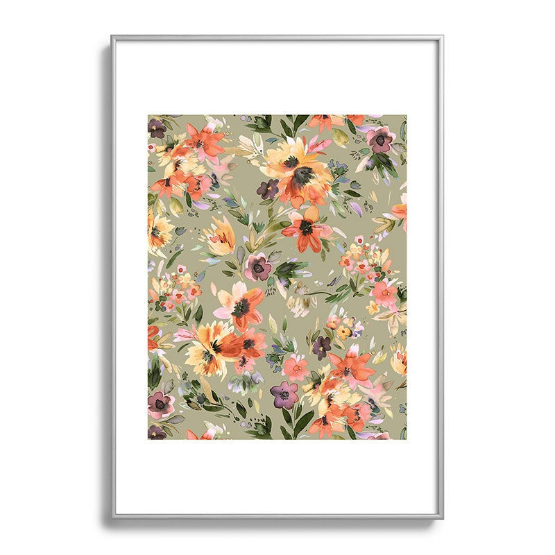 Ninola Design Botanic Retreat Painterly Tropical Flowers Sage Green Metal Framed Art Print