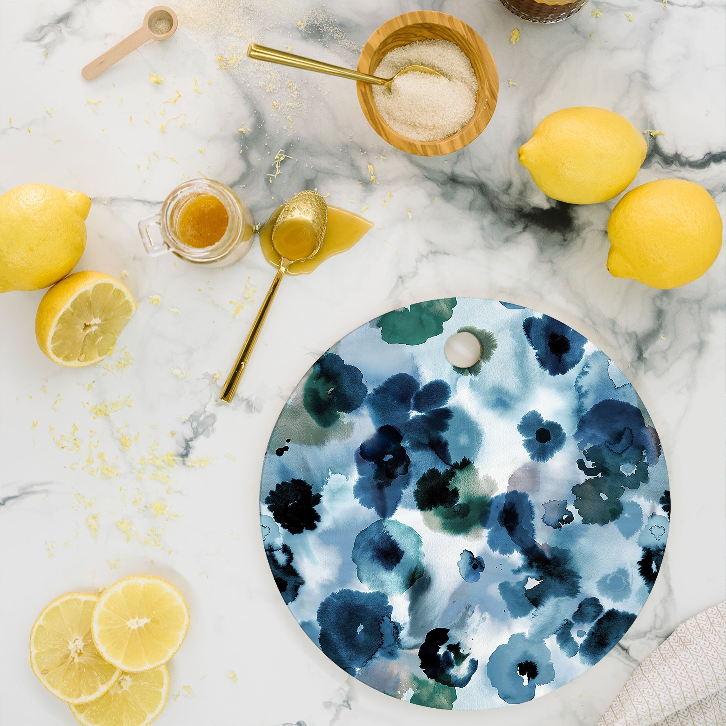 Ninola Design Botanic Retreat Ombre Abstract Watercolor Flowers Blue Navy Cutting Board Round
