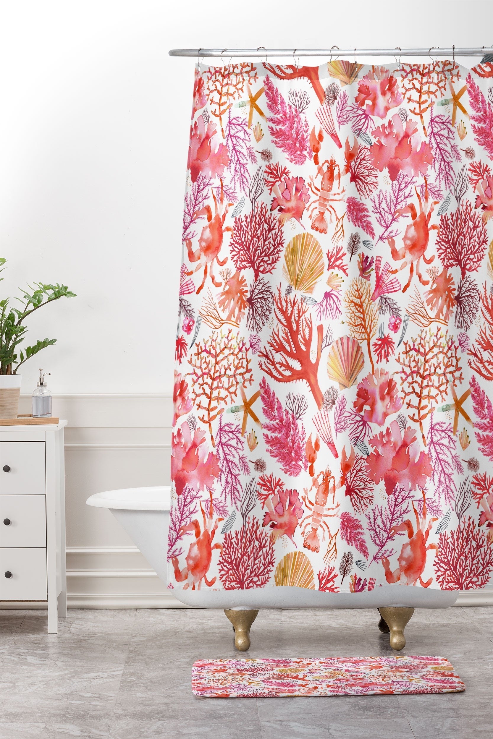 Ninola Design Botanic Retreat Coral Reef Crab Lobster Red Shower Curtain And Mat