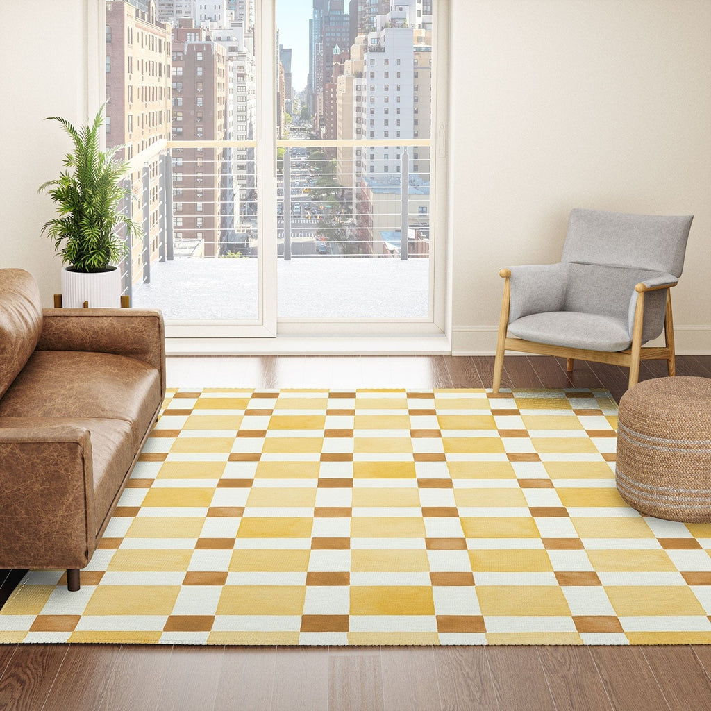 Ninola Design Everyday Artifact Checker Mosaic Tiles Geometry Yellow Area Rug