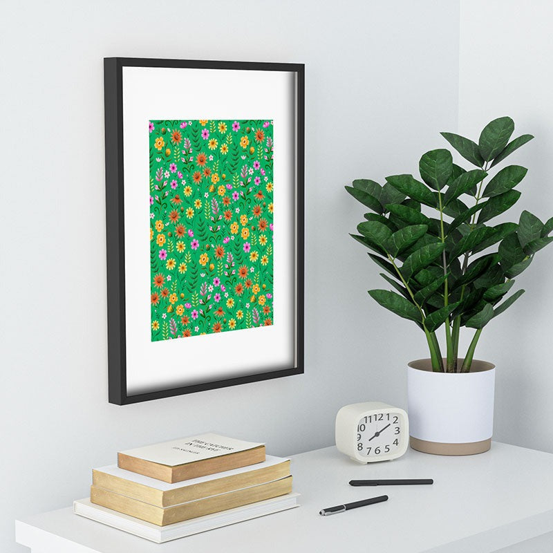 Pimlada Phuapradit Ditsy Spring Floral Green Recessed Framing Rectangle