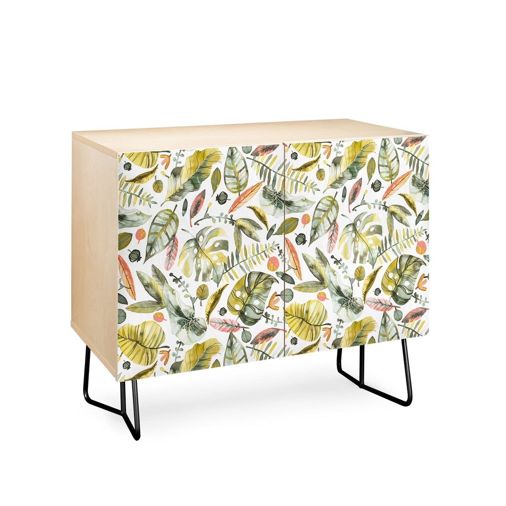 Ninola Design Botanic Retreat Tropical Jungle Leaves Botanical Green Orange Credenza