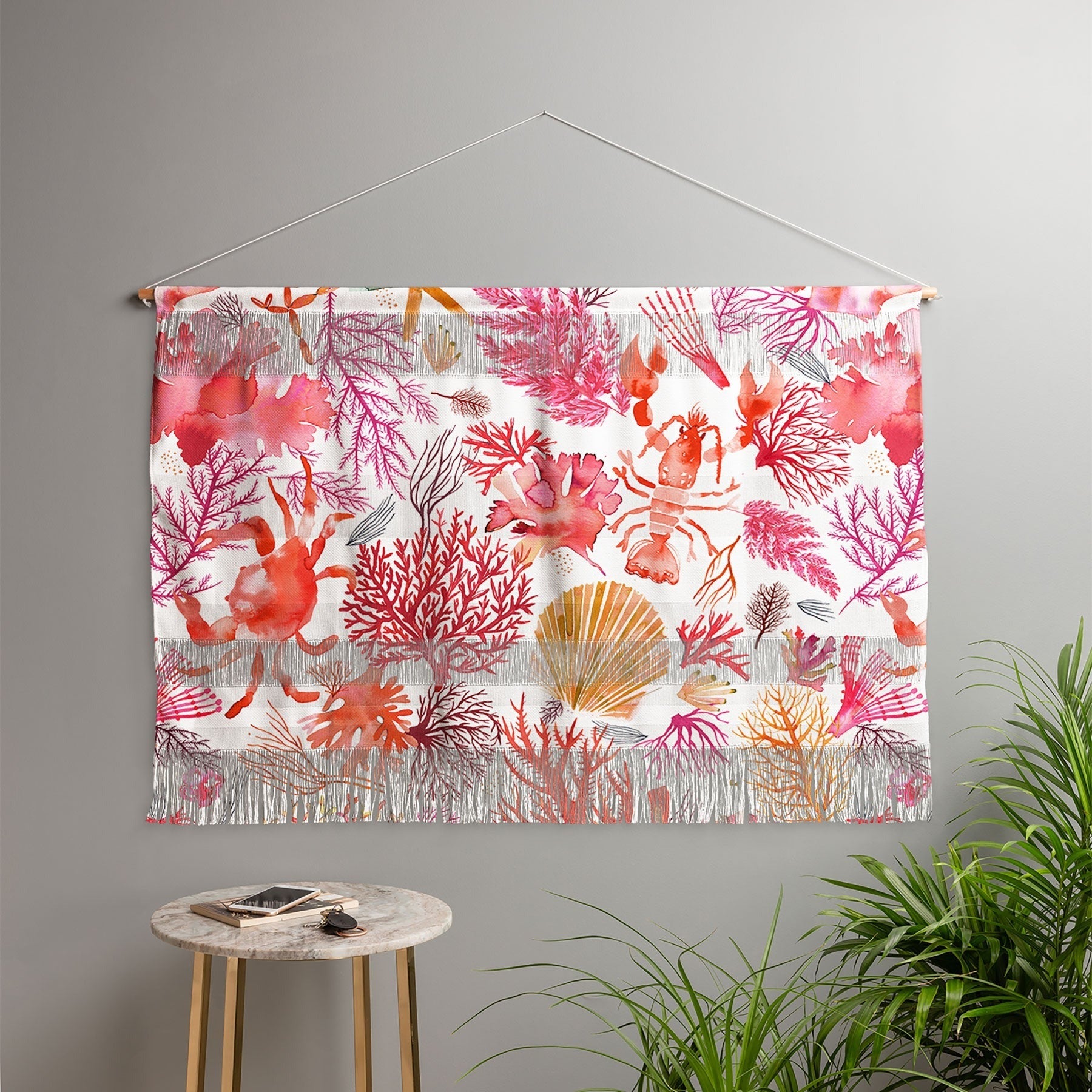 Ninola Design Botanic Retreat Coral Reef Crab Lobster Red Wall Hanging Landscape
