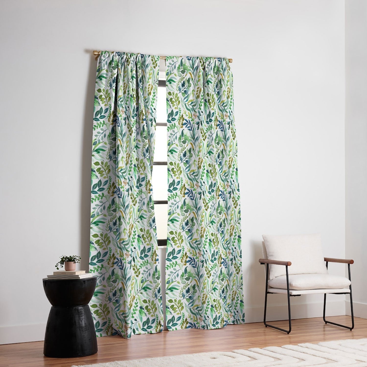Ninola Design Botanic Retreat Loose Botanical Leaves Watercolor Green Blackout Window Curtain