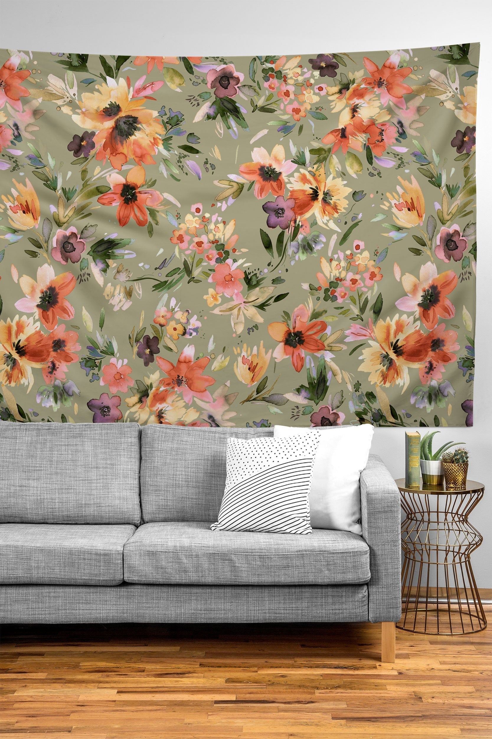 Ninola Design Botanic Retreat Painterly Tropical Flowers Sage Green Tapestry