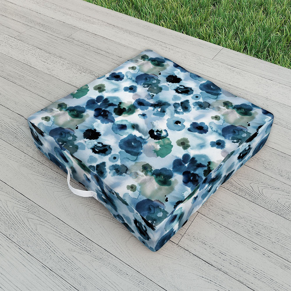 Ninola Design Botanic Retreat Ombre Abstract Watercolor Flowers Blue Navy Outdoor Floor Cushion