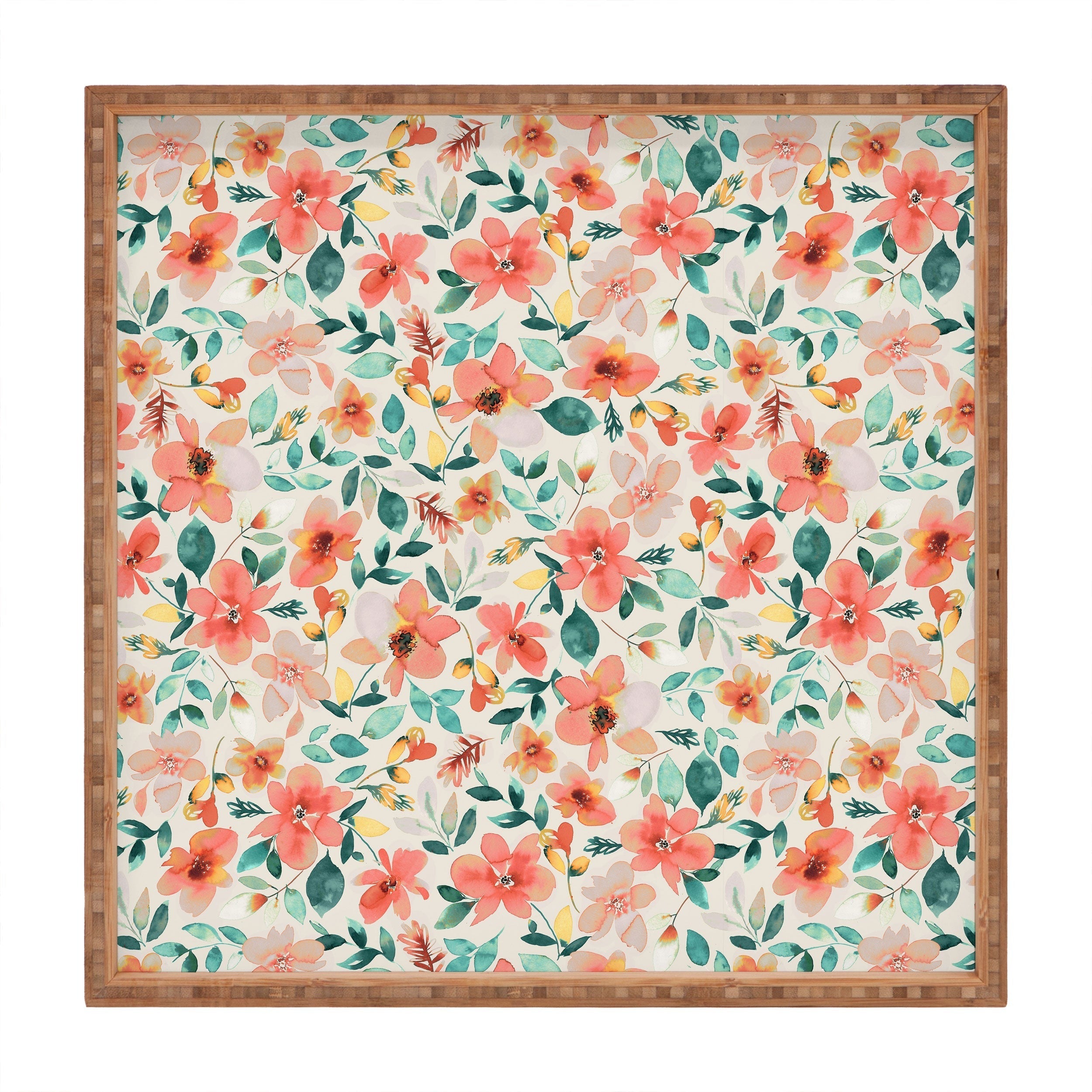 Ninola Design Botanic Retreat Tropical Whimsical Flowers Coral Green Square Tray