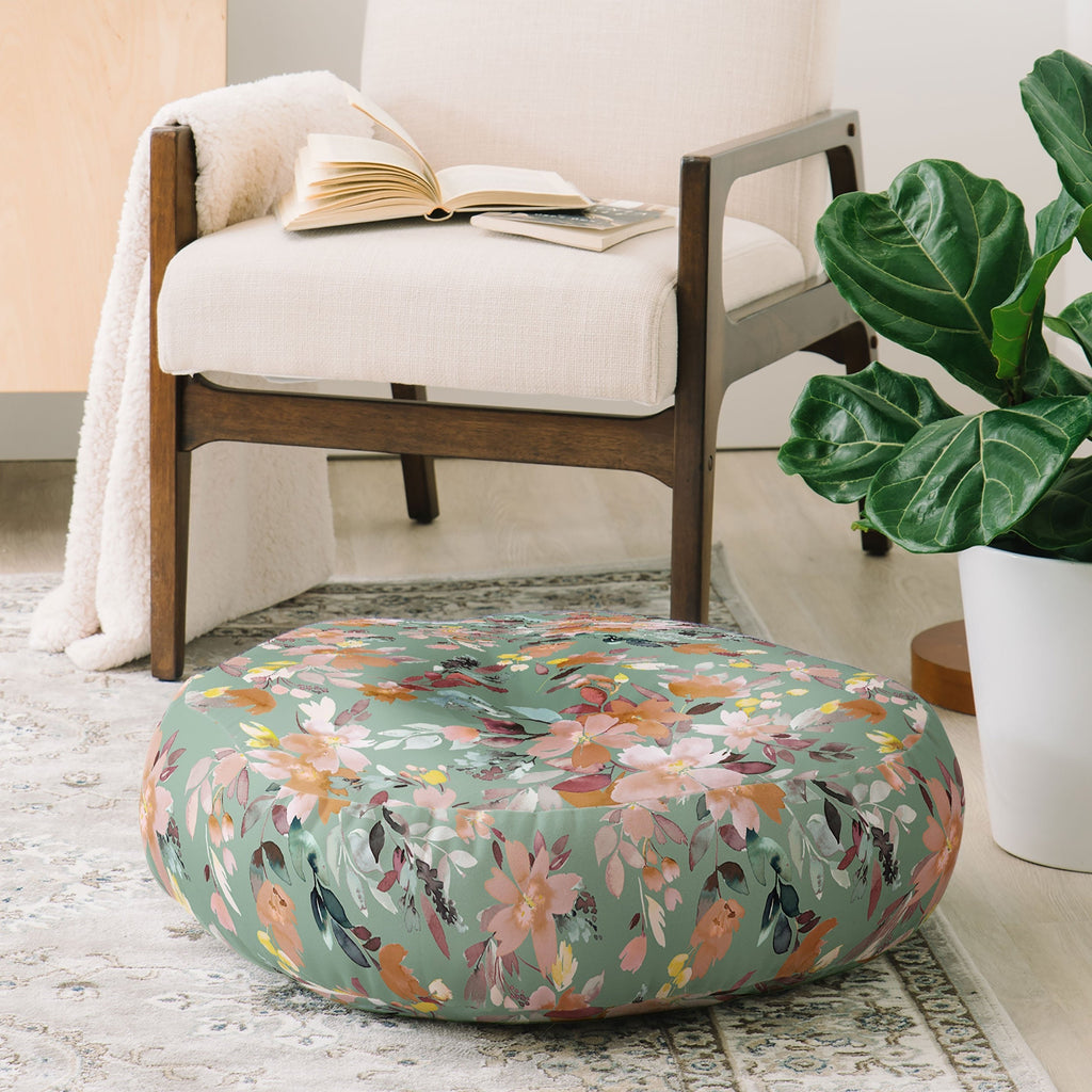 Ninola Design Botanic Retreat Floral Oleander Whimsical Teal Green Floor Pillow Round