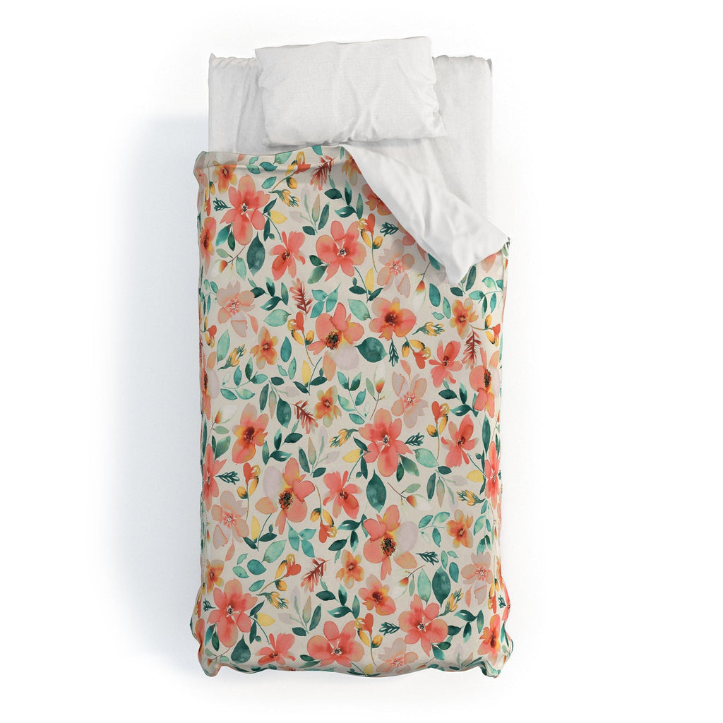 Ninola Design Botanic Retreat Tropical Whimsical Flowers Coral Green Duvet Cover