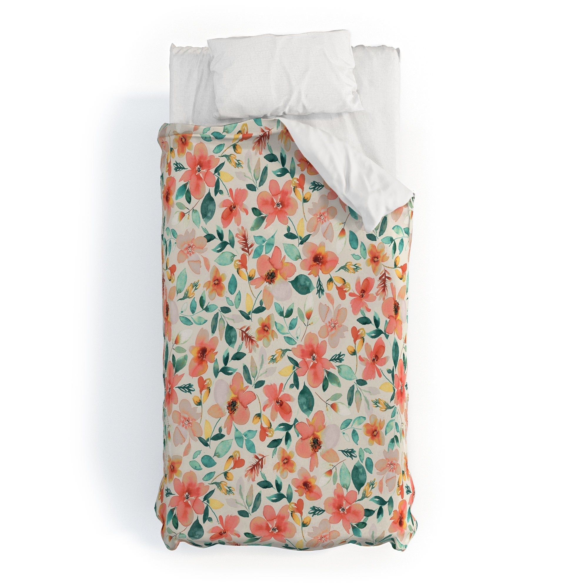 Ninola Design Botanic Retreat Tropical Whimsical Flowers Coral Green Duvet Cover