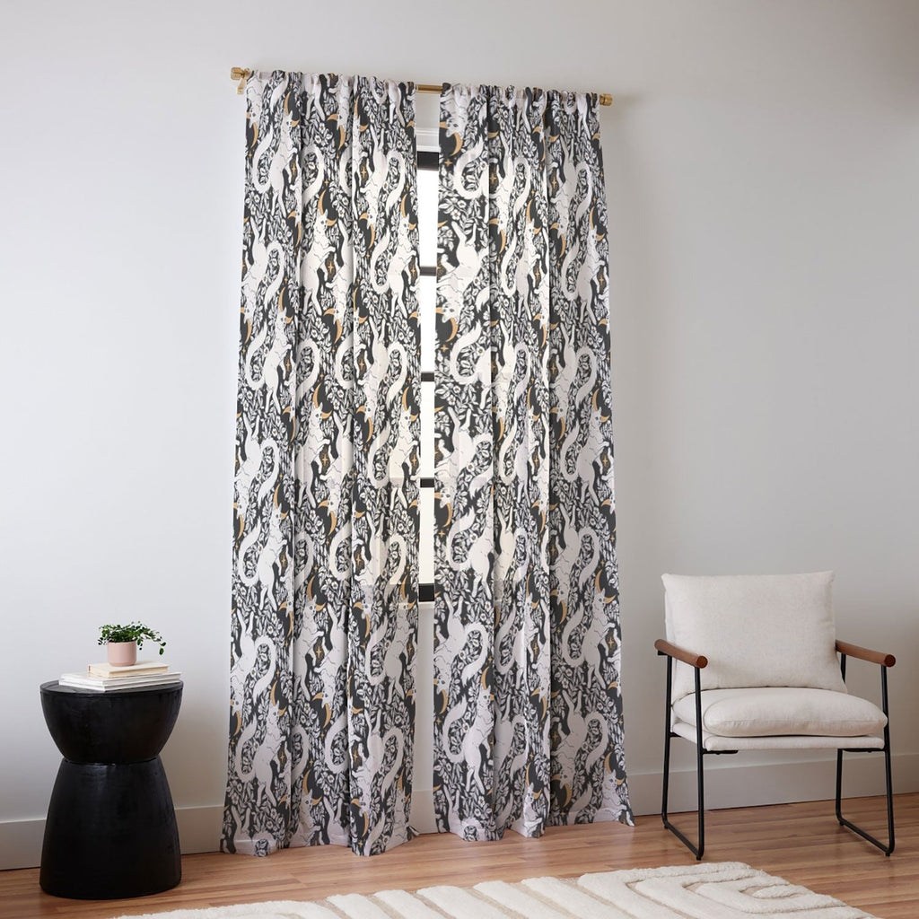 Avenie Celestial Cats Gold Sheer Window Curtain